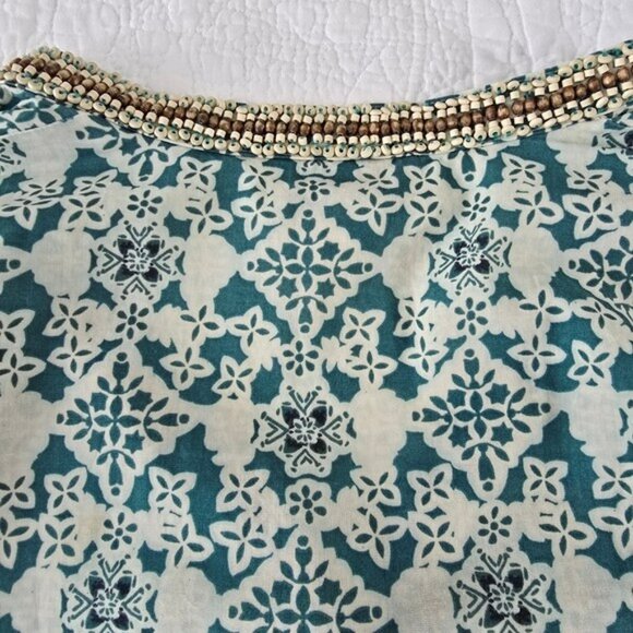 Talbots Women's Blouse Size Small Petite SP Blue Green Tropical Wood Beading - Picture 9 of 15